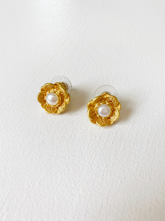 Gold Pearl Flower Studs
