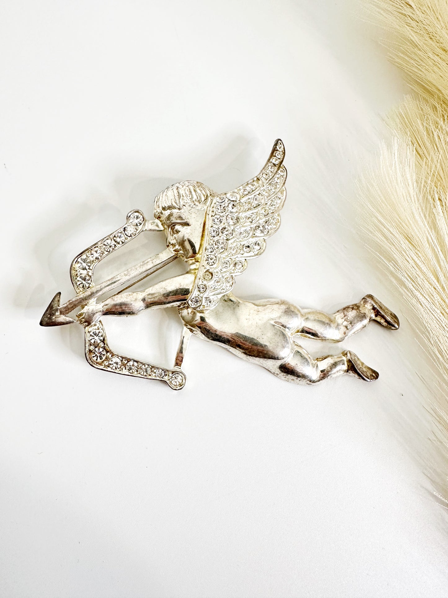 Vintage HUGE Cupid Silver Brooch