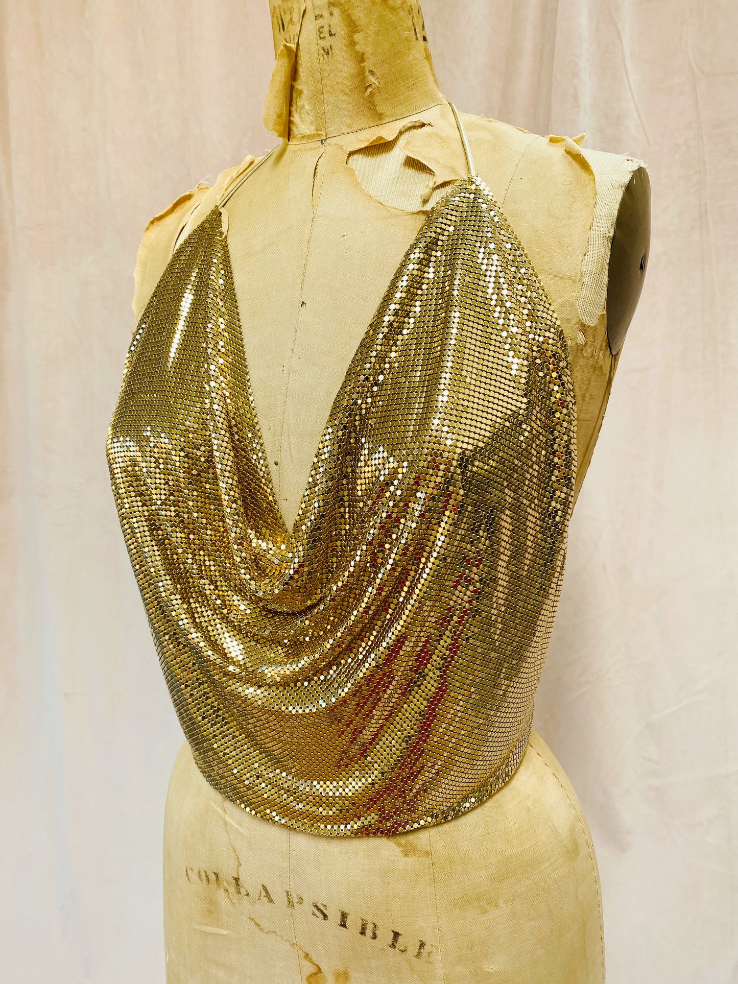 Whiting & Davis Gold Mesh Cowl Halter Top