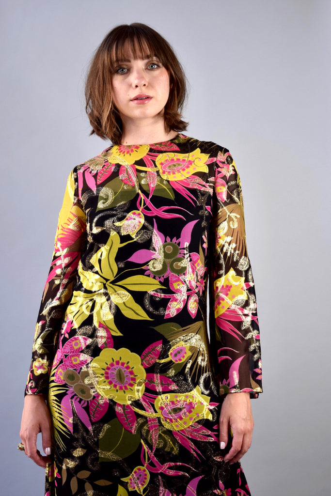 Mollie Parnis Silk Tropical Maxi Dress