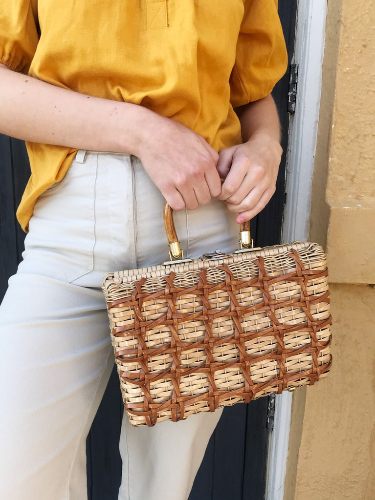 Vintage 50s Woven Box Purse with Bamboo Handle