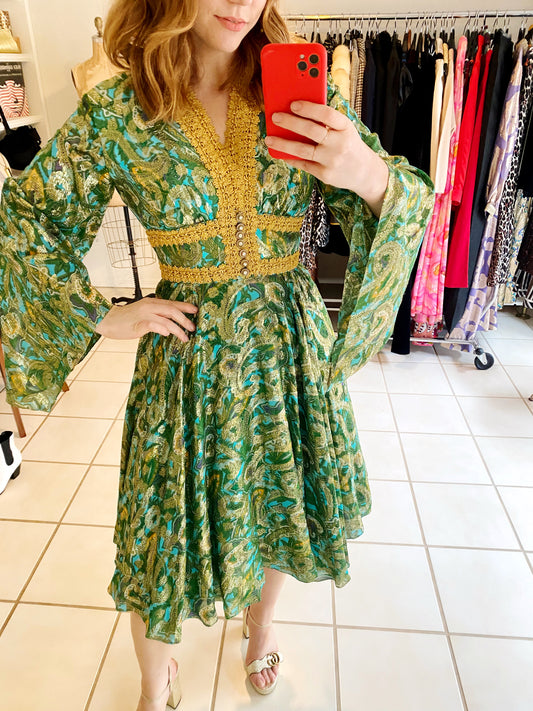 Malcolm Starr Green Paisley Lurex Dress