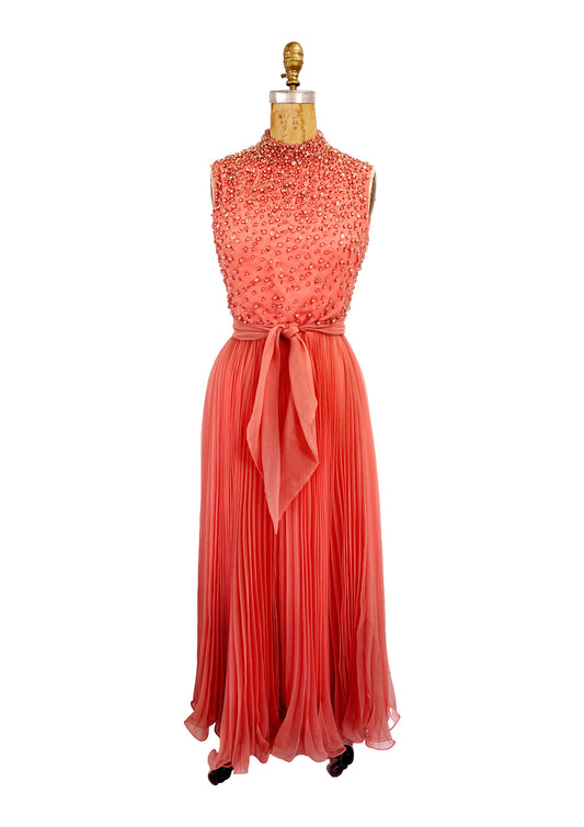 Jack Bryan 1960s-70s Coral Pink Accordion Pleat Beaded Dress