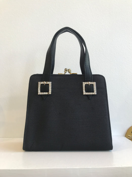 Vintage black handbag with rhinestone buckles