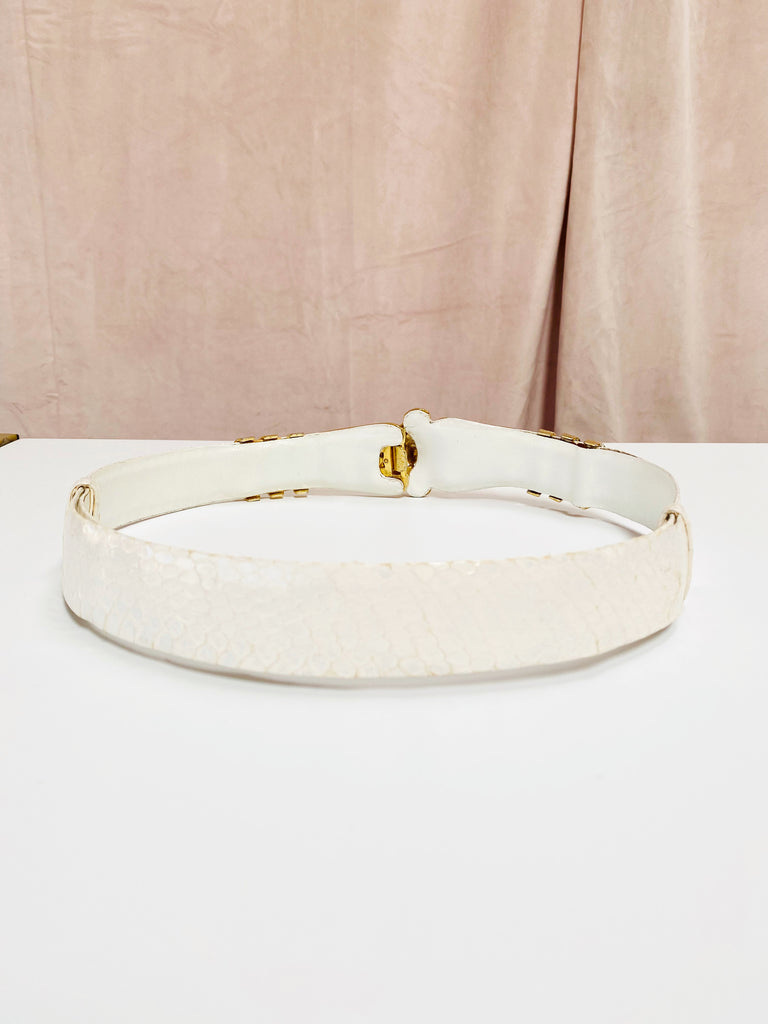 Judith Leiber White Snakeskin Gold Lion Belt