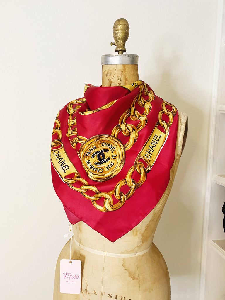 Chanel Vintage Red Silk Scarf