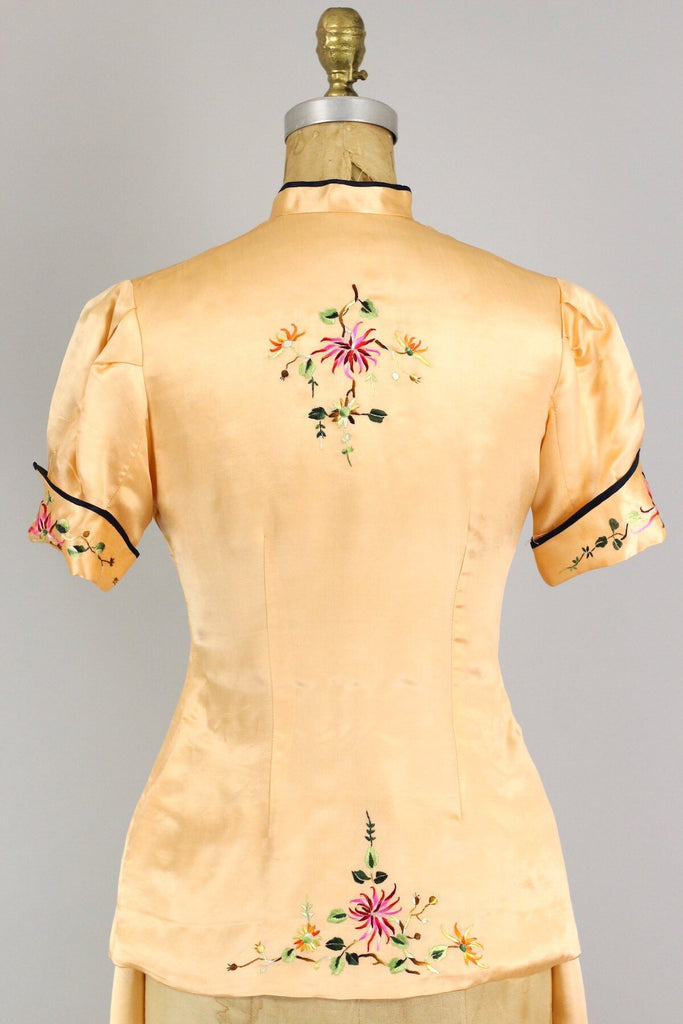 1930s Chinese Peach Silk Pajama Set with Hand Embroidered Detail