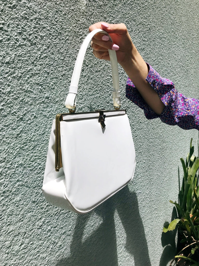 Vintage White Patent Leather Bag with Belt Clasp