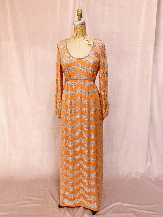 Victoria Royal Hand Beaded Peach Silver Lurex Gown