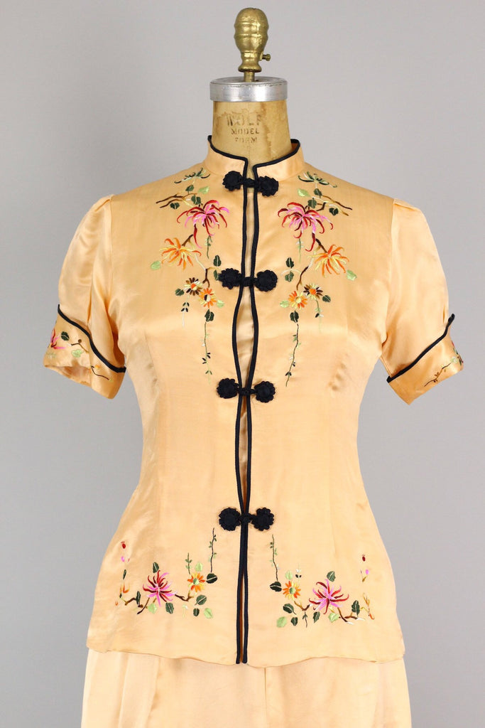 1930s Chinese Peach Silk Pajama Set with Hand Embroidered Detail