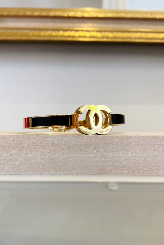 Chanel CC Logo Enamel Black & Gold Clamper Bracelet