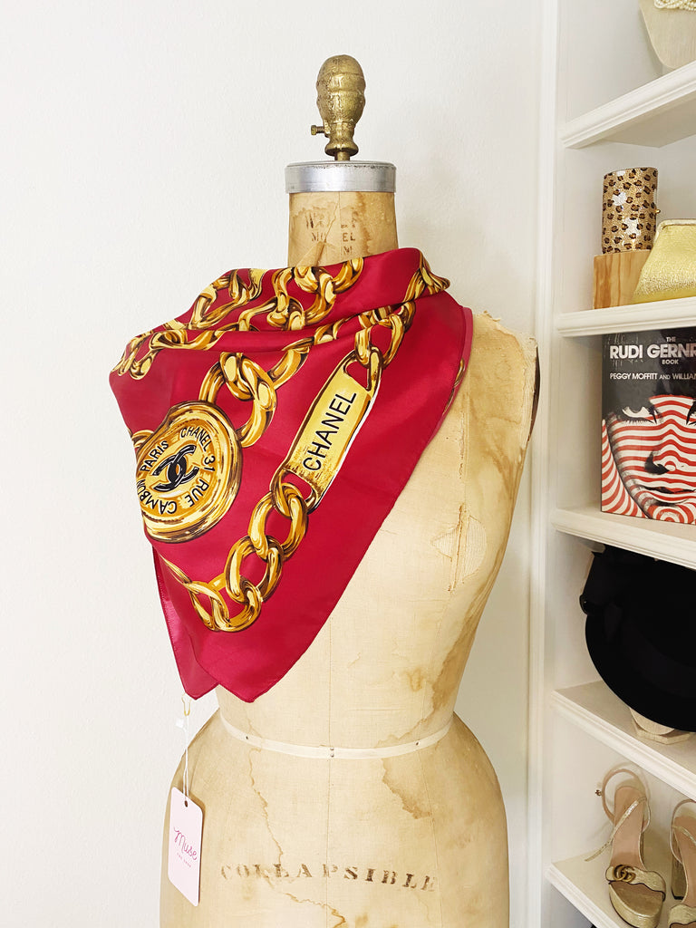 Chanel Vintage Red Silk Scarf