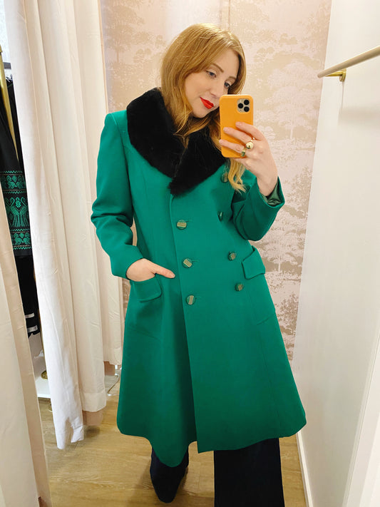 Kelly Green Double Breasted Coat with Fur Collar