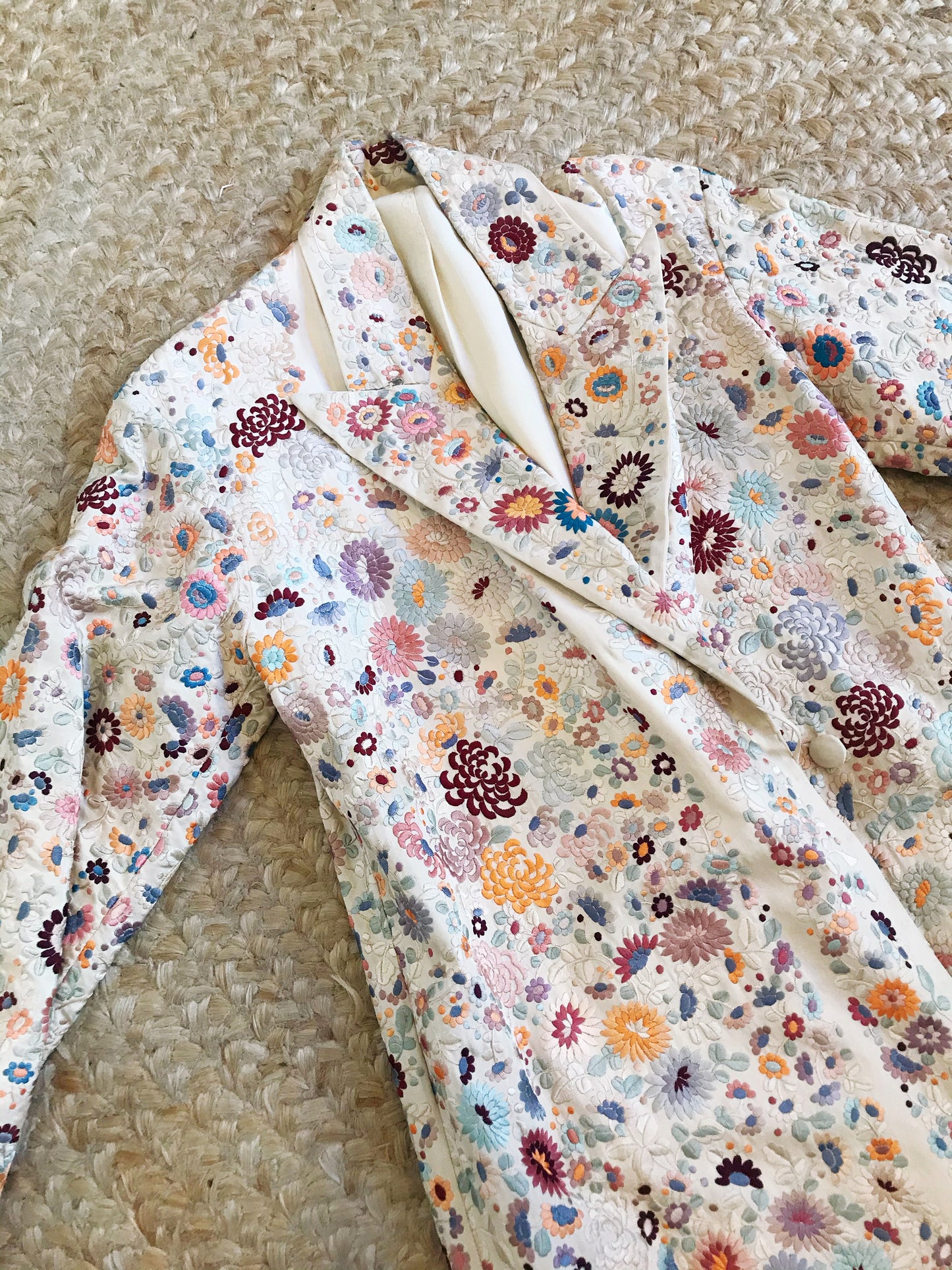 Rare 1920s Cream Silk Embroidered Floral Duster Coat