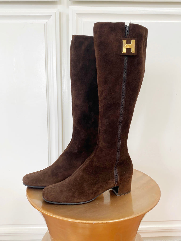 Hermès Vintage 70s Rare Suede Knee High Boots