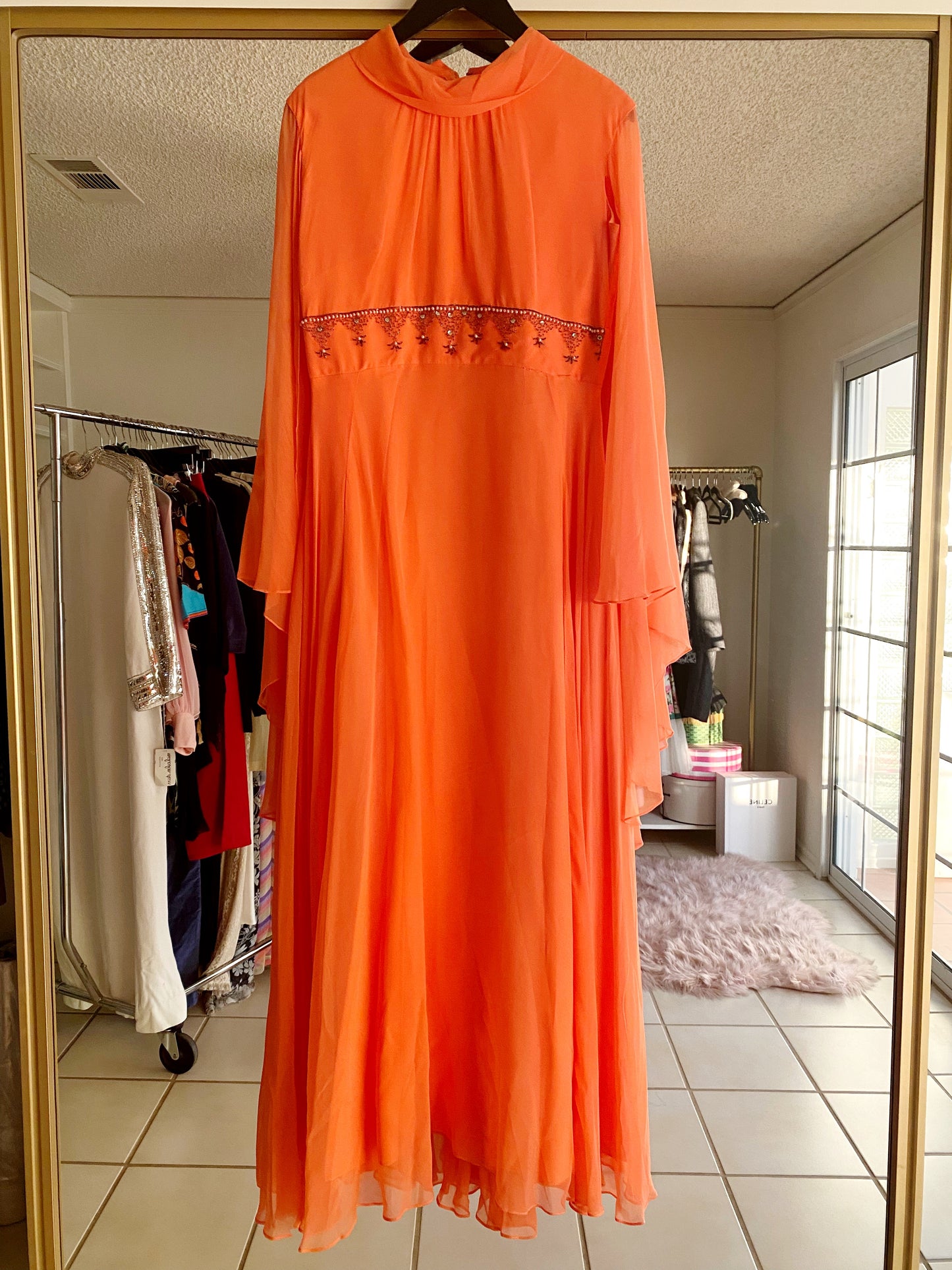 60s Peach Chiffon Cape Sleeve Gown