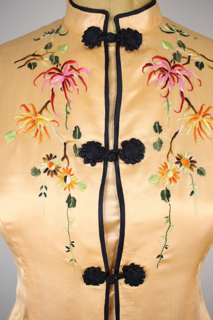 1930s Chinese Peach Silk Pajama Set with Hand Embroidered Detail