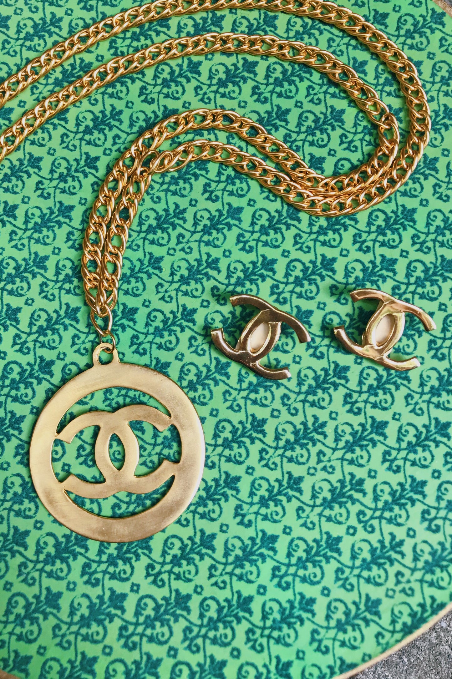 Vintage Chanel Logo Necklace & Earring Set