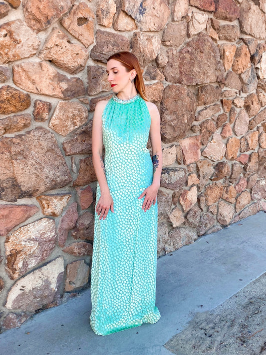 Mollie Parnis Seafoam Silk Burnout Velvet Gown