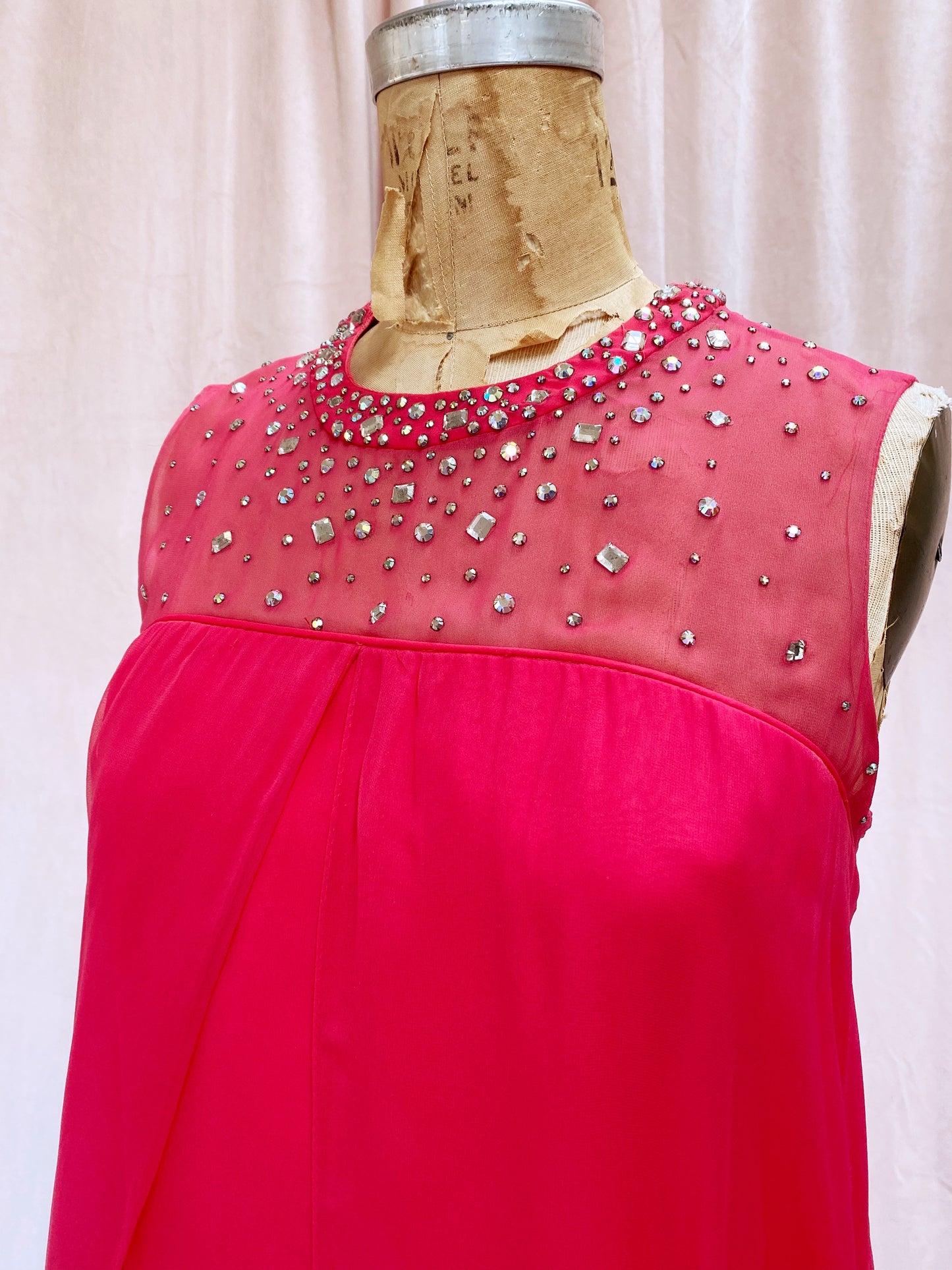 Fuchsia Shocking Pink Chiffon Rhinestone 1960s Gown