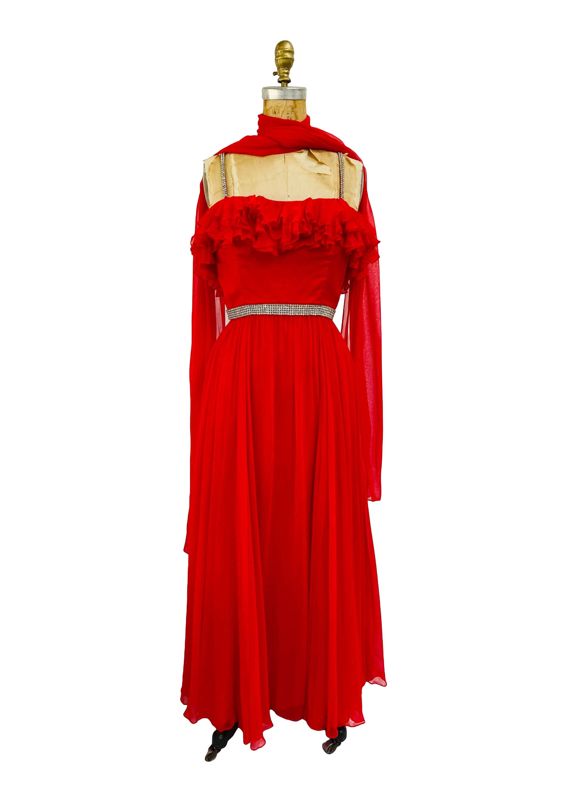 Stunning Old Hollywood 1960s Emma Domb Red Chiffon & Rhinestone Dress Muse Stunning Old Hollywood 1960s Emma Domb Red Chiffon & Rhinestone Dress Muse