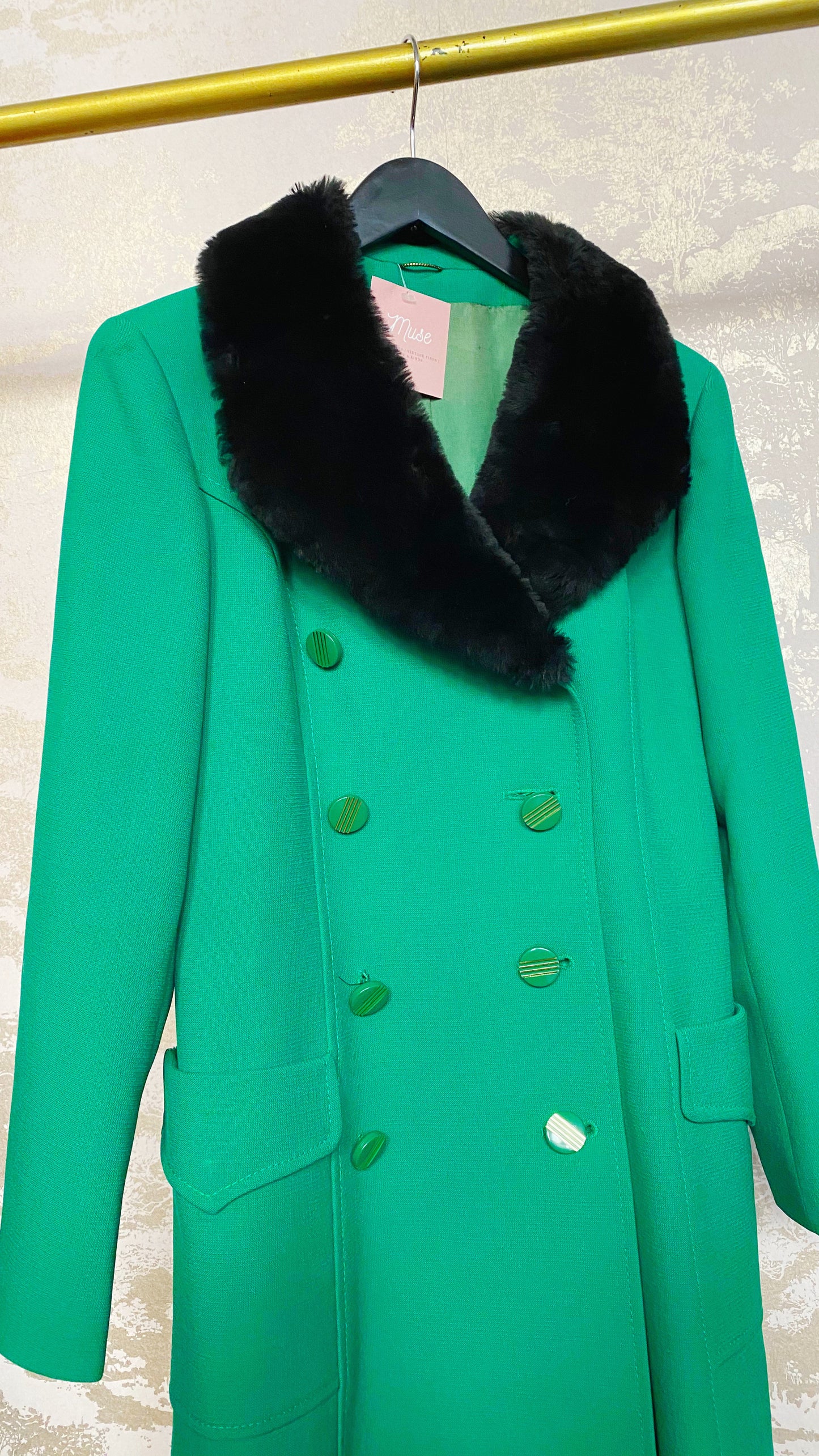 Kelly Green Double Breasted Coat with Fur Collar