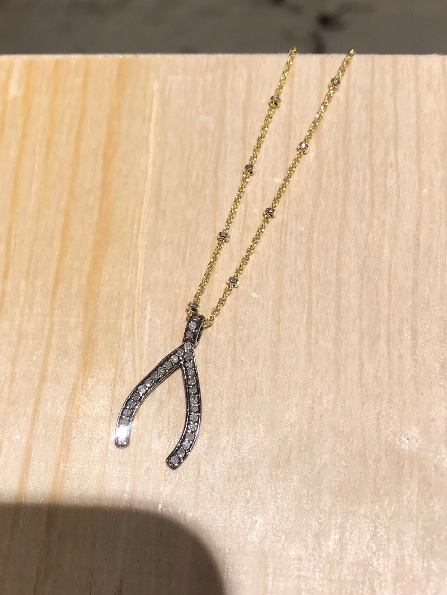 Wishbone - Pave Diamond Necklace in Yellow Gold & Silver