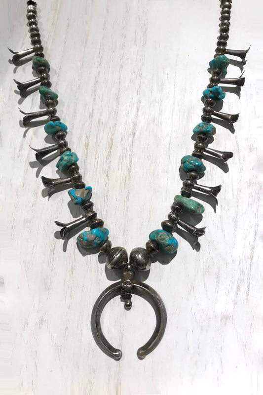 Rare 1940s Coin Silver & Turquoise Navajo Squash Blossom Necklace