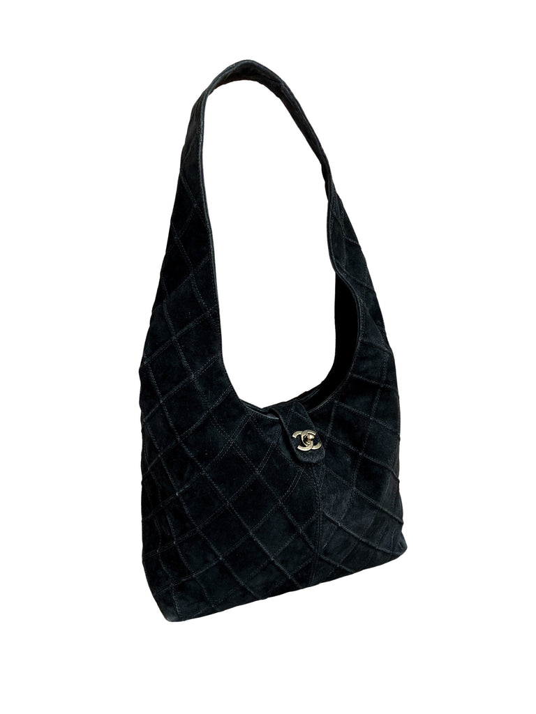 Chanel Black Suede Shearling hobo bag with silver hardware Leather