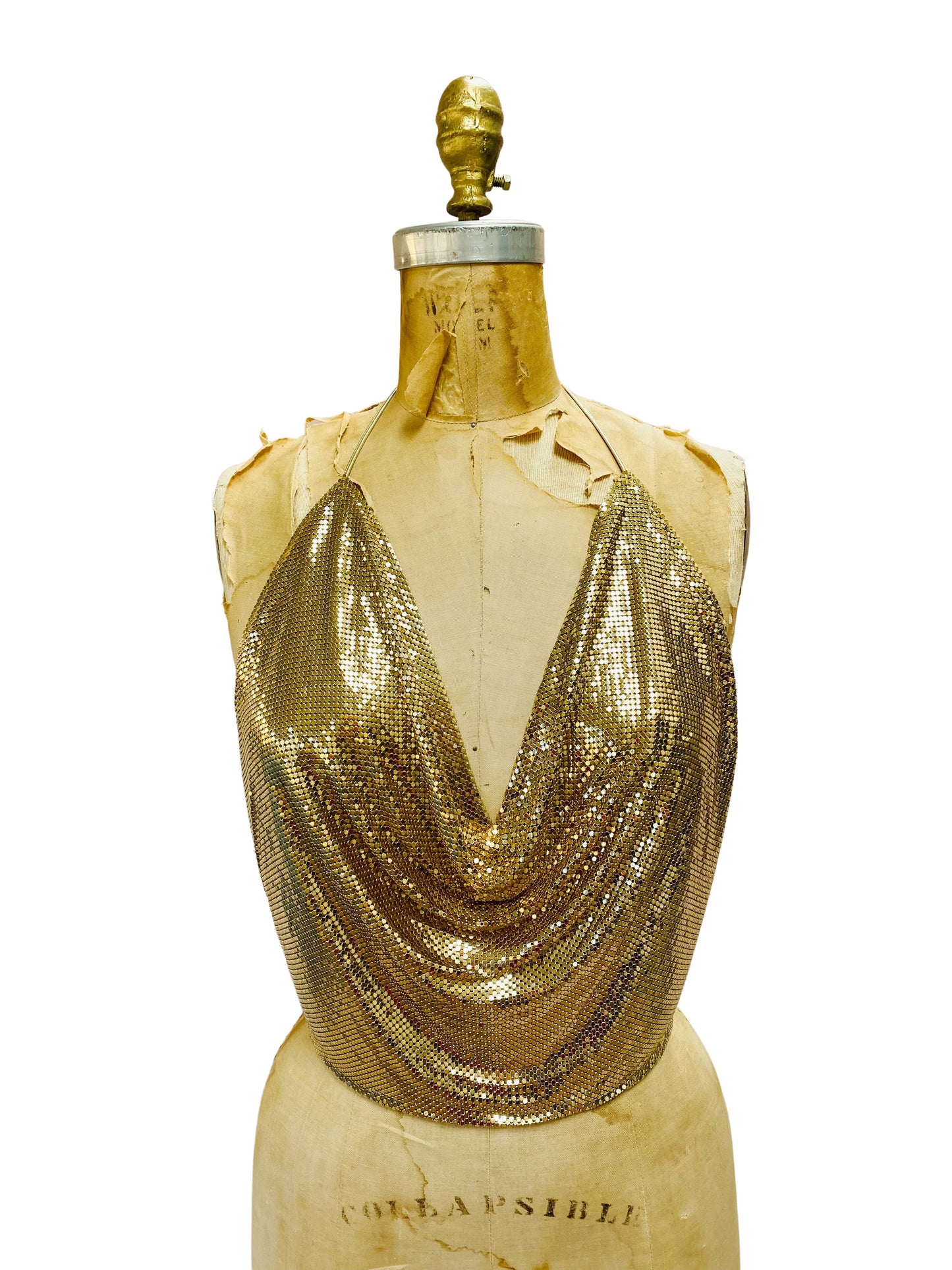 Whiting & Davis Gold Mesh Cowl Halter Top