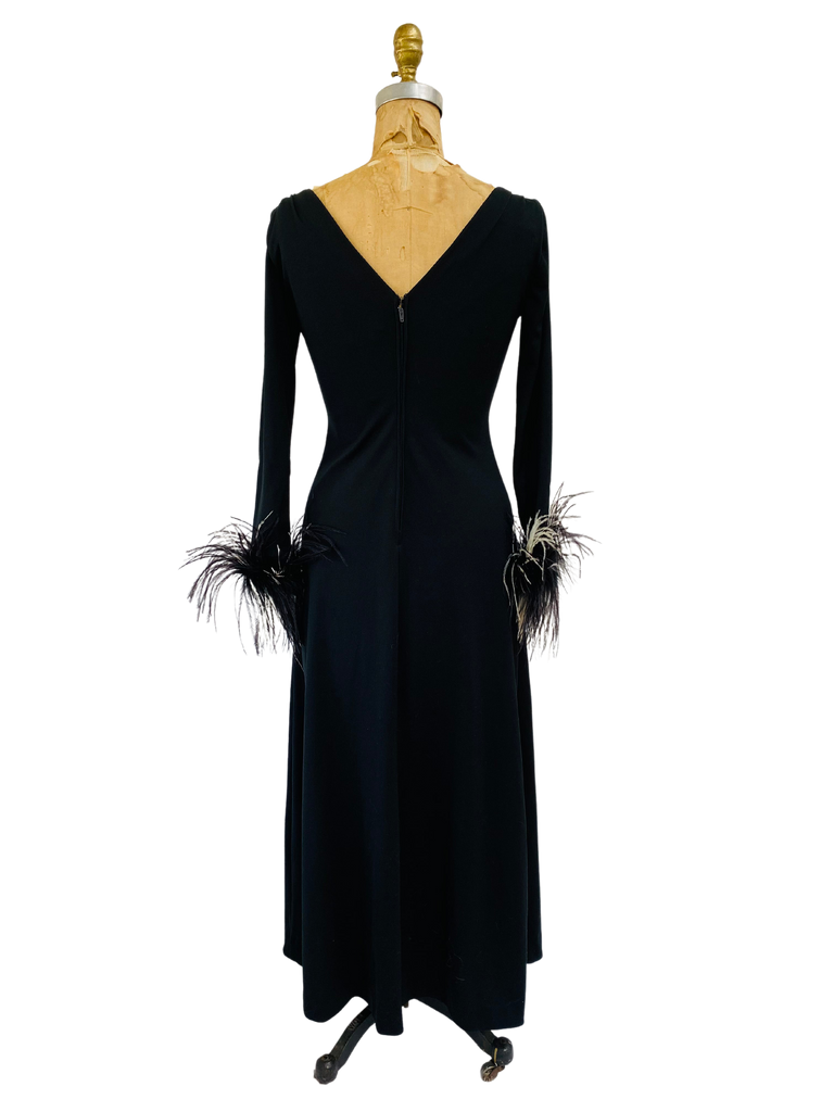1970s Feather Cuffs Black Jersey Gown