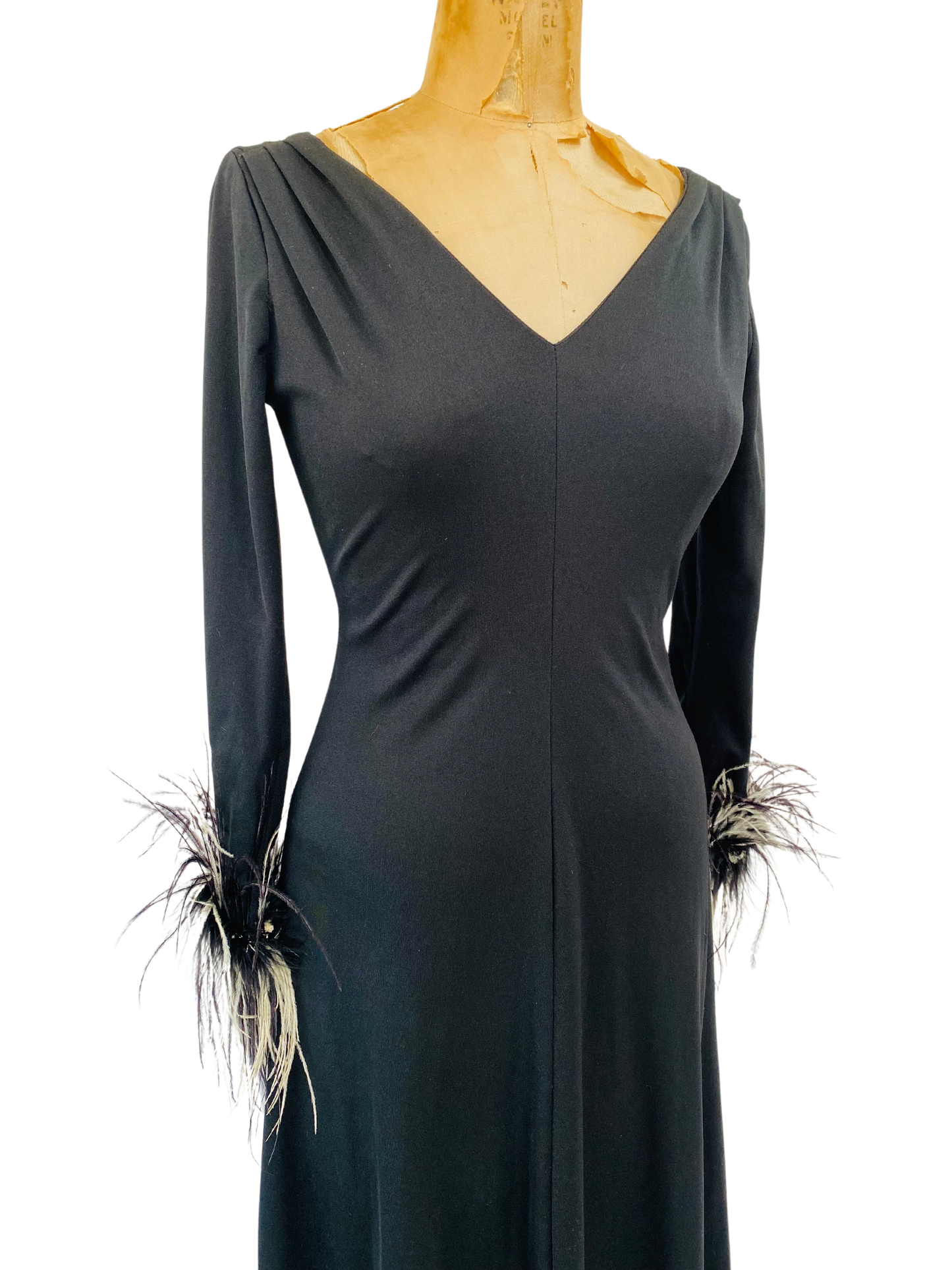 1970s Feather Cuffs Black Jersey Gown
